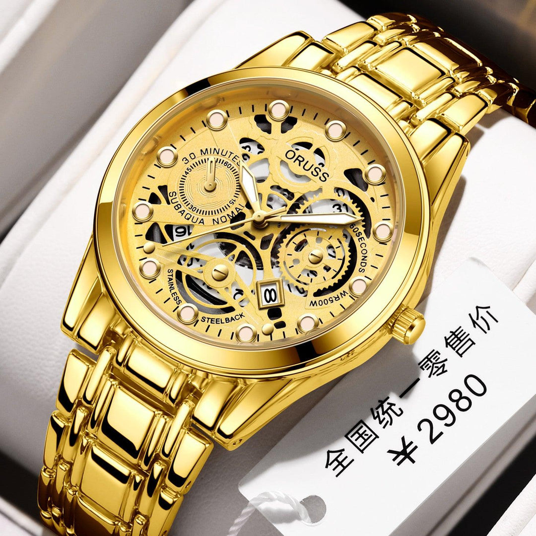 Gold-tone automatic skeleton wrist watch with black dial and gold link bracelet