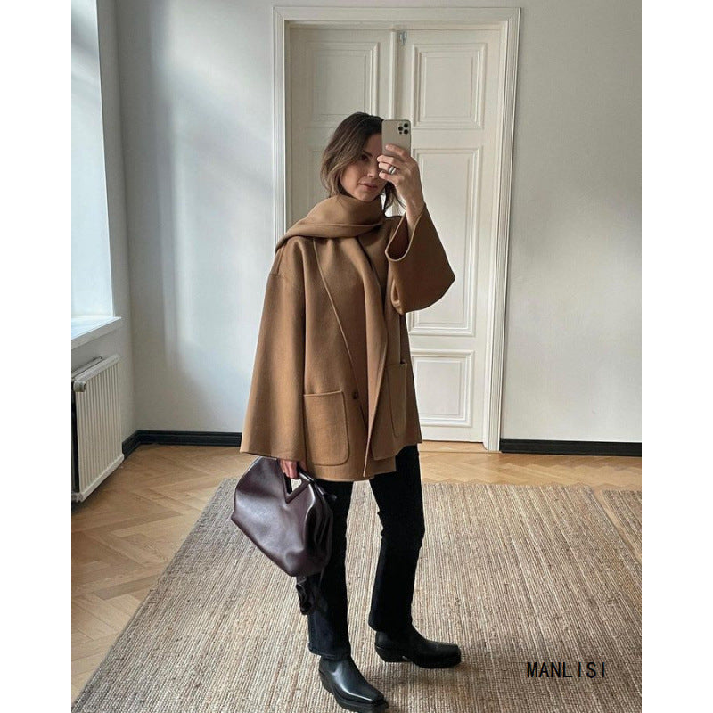 Scarf Collar Loose Jacket Short Woolen Coat - WOMONA.COM