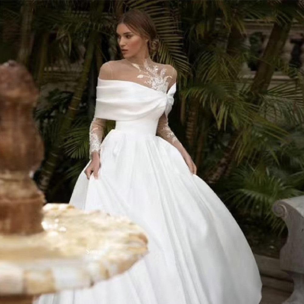Raglan Sleeve Long Sleeve White Tutu Skirt Satin Wedding Dress - WOMONA.COM