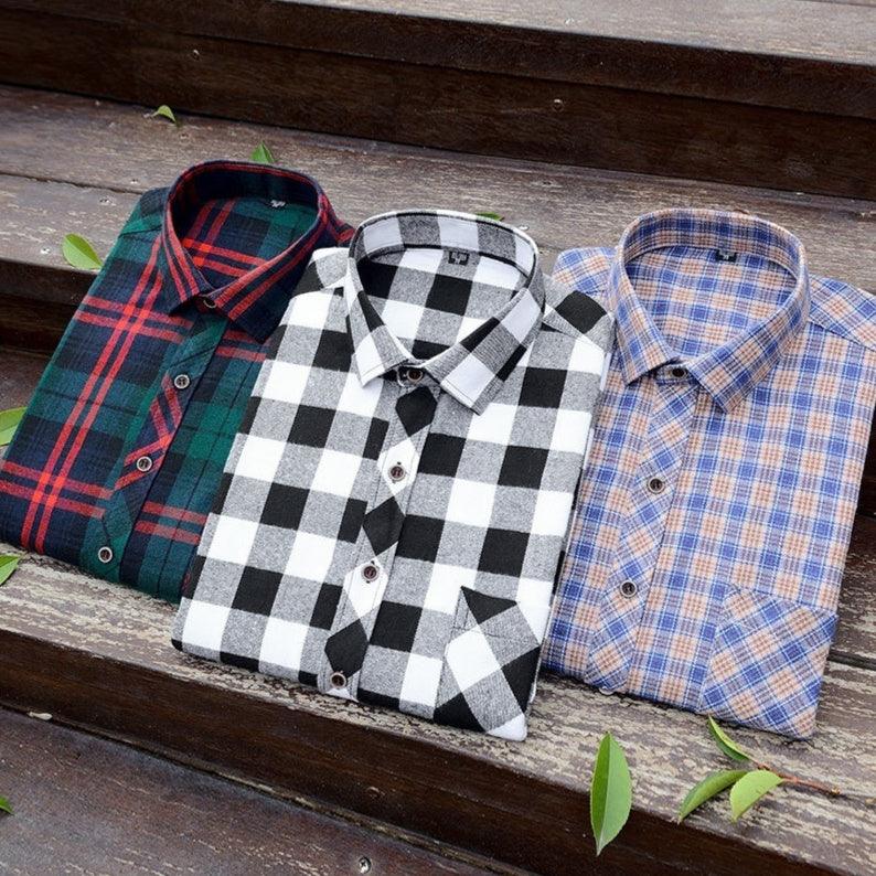Plaid button-up shirt set in green, black/white, and blue checks, with button placket.