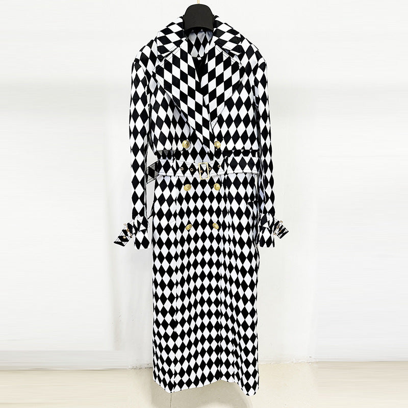 Black And White Diamond Grid Belt Long Trench Coat - WOMONA.COM