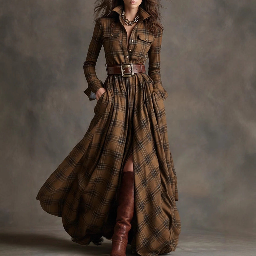 Women's plaid button-front long shirt dress