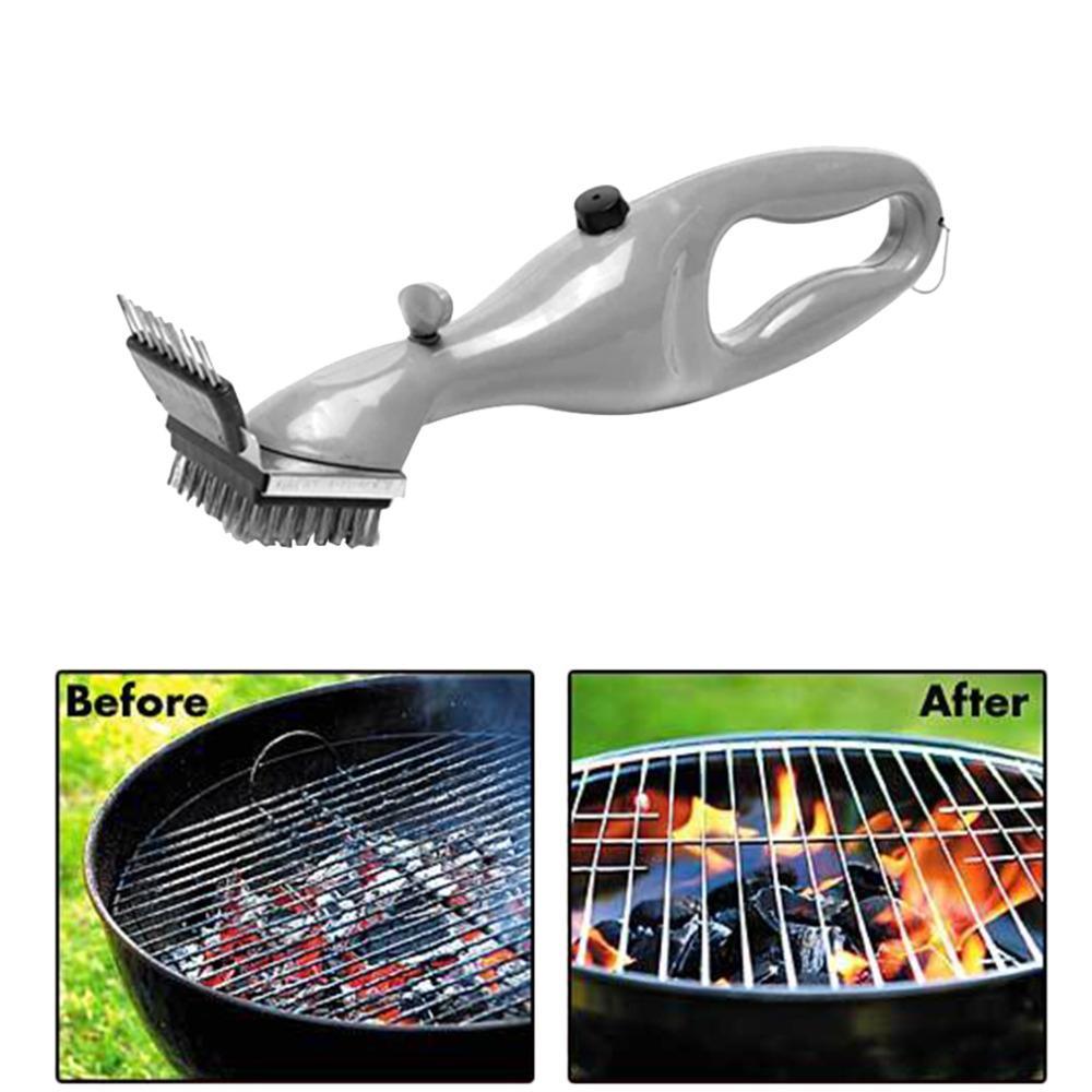 Stainless steel BBQ cleaning brush with black bristle head and ergonomic gray handle