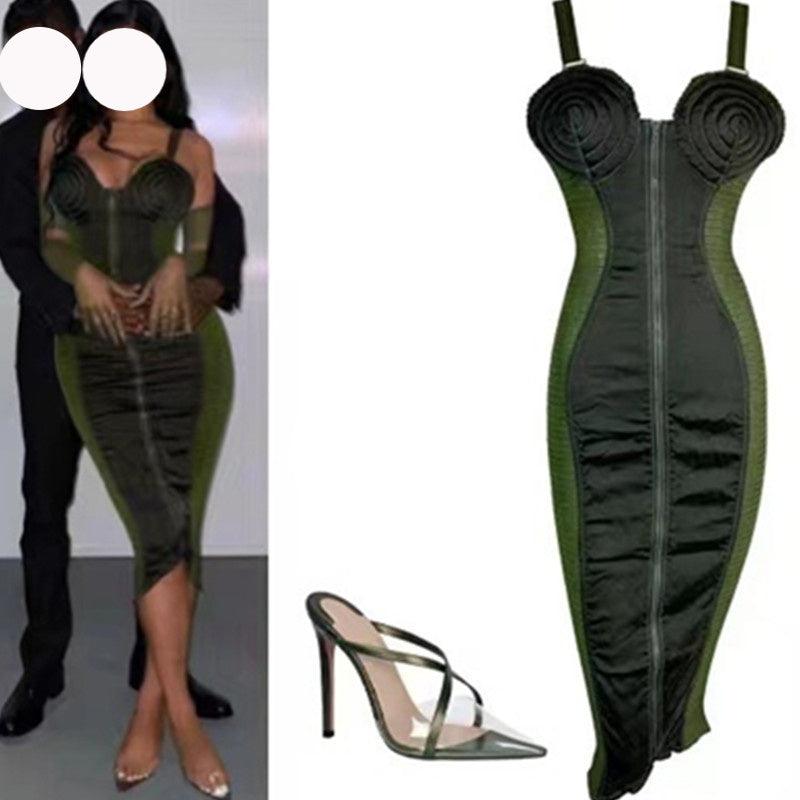 Army Green Sling Slim Temperament Dress - WOMONA.COM