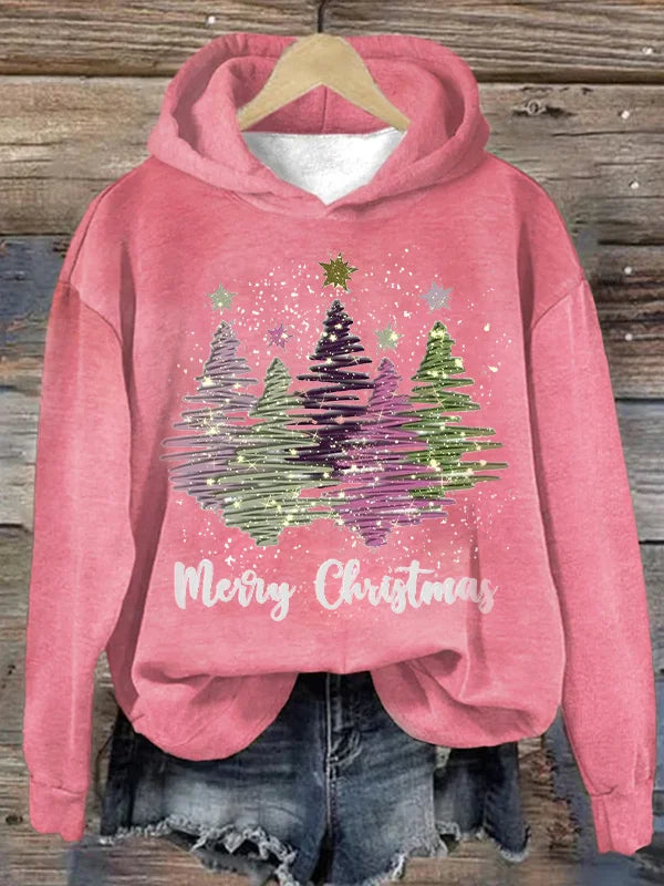 Round Neck Hooded Long Sleeve Four Christmas Trees Loose Sweater - WOMONA.COM