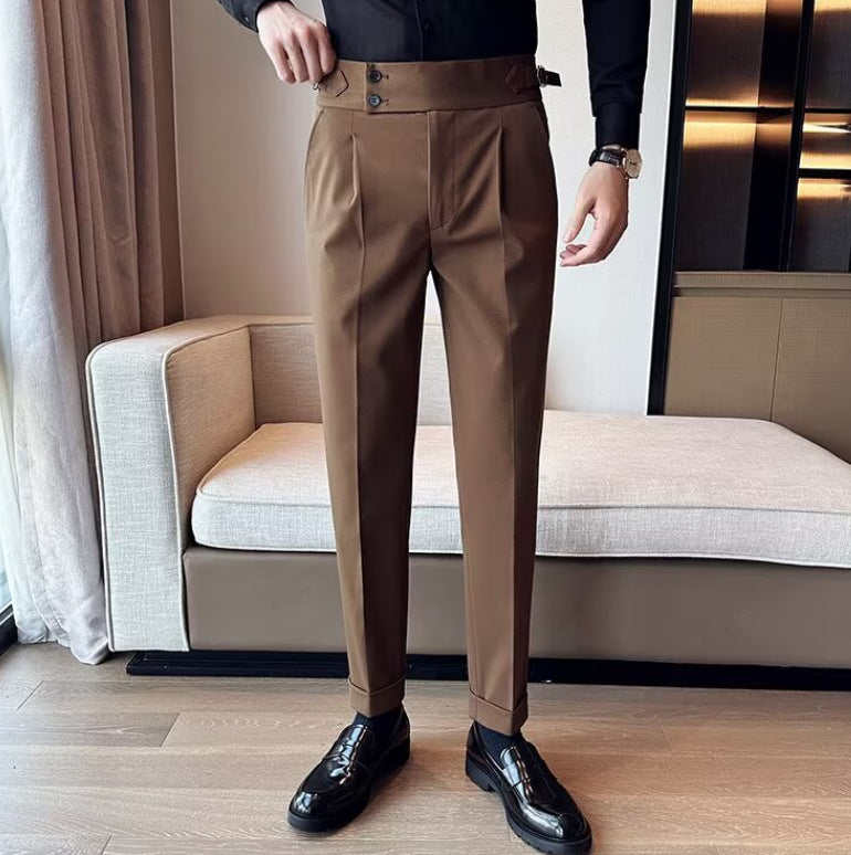 Dark brown high-waisted straight-leg casual pants with belt loops and button closure