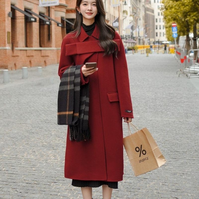 Women's red wool coat with large bowknot collar and side pockets