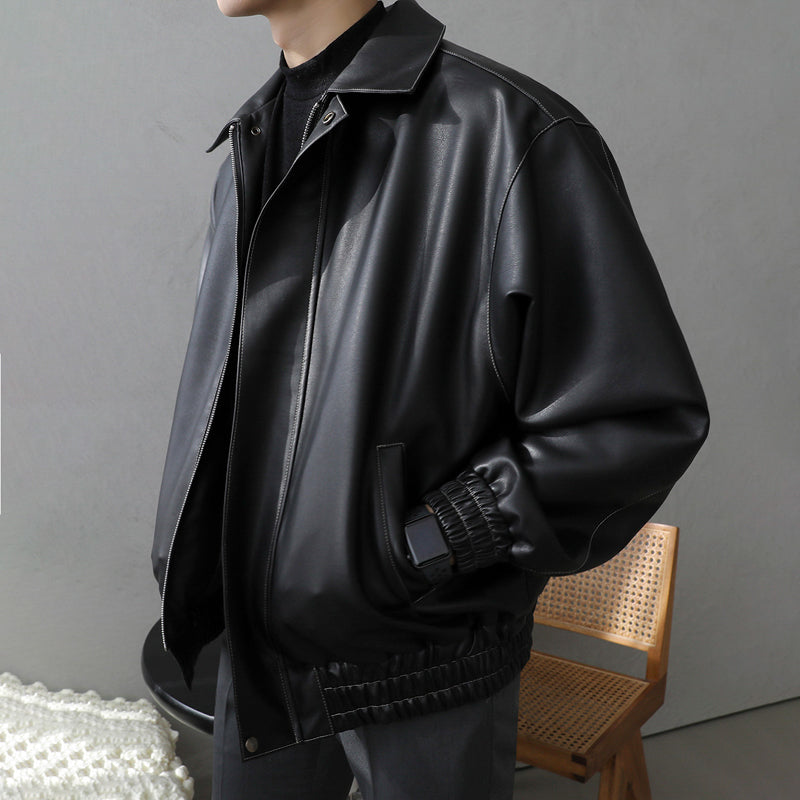 Men's loose faux leather lapel jacket