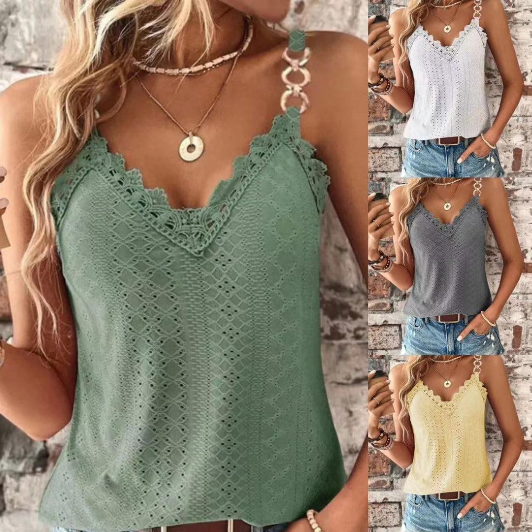 Solid Color Hollow Lace Lace Camisole T-shirt Vest - WOMONA.COM