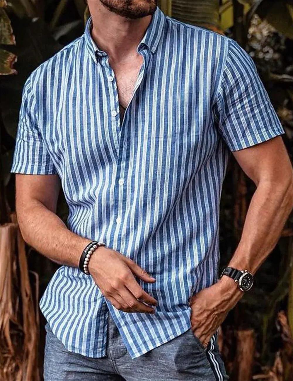 Men's Vintage Summer Shirt Striped - WOMONA.COM