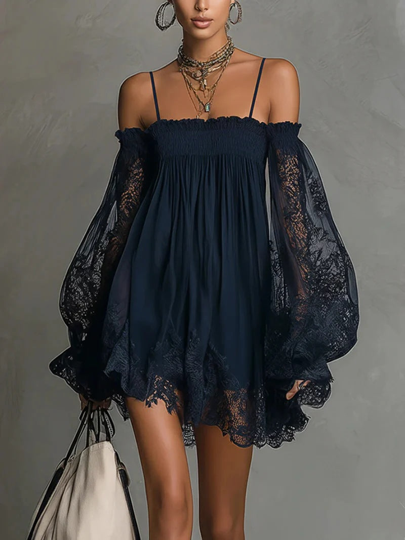 Navy off-shoulder mini slip dress with smocked bodice and lace bell sleeves