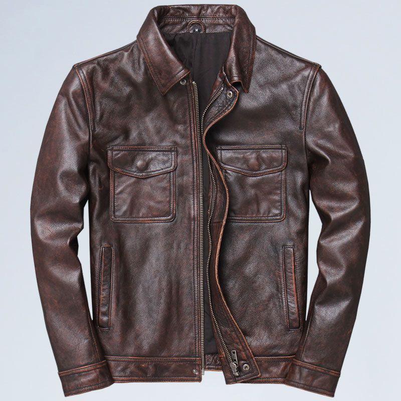 Men's retro leather jacket coat in brown, front zip with stand collar and chest pockets