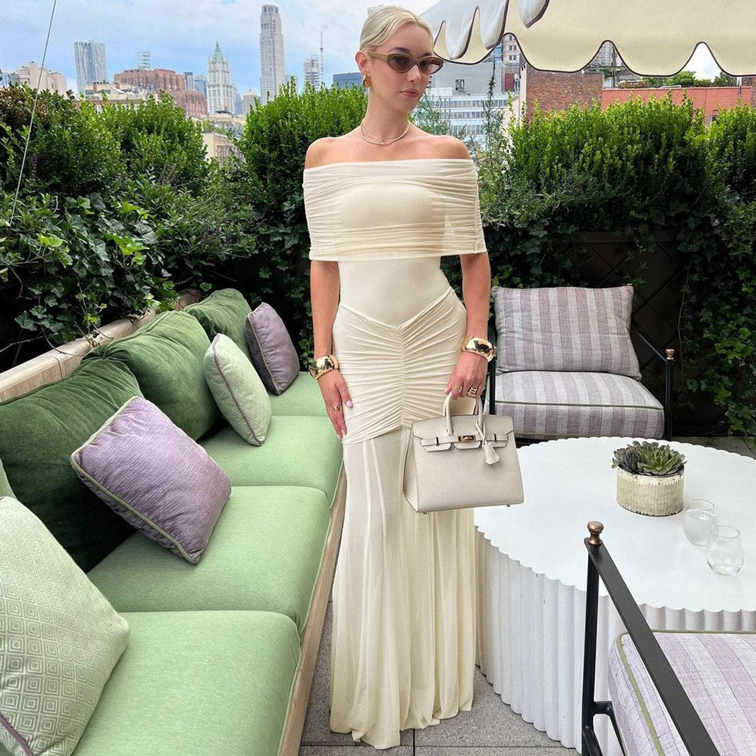 Apricot off-shoulder pleated mesh dress with ruched bodice and long maxi skirt