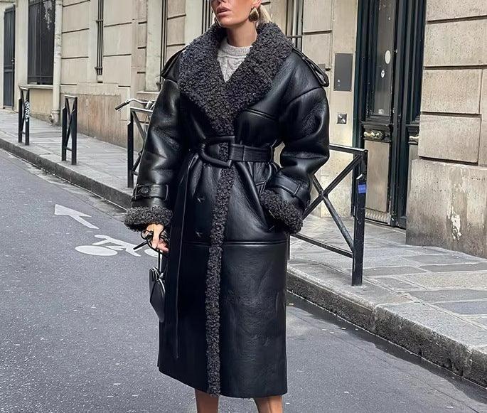 Women’s black PU long jacket with faux-fur collar, belted waist, wide cuffs