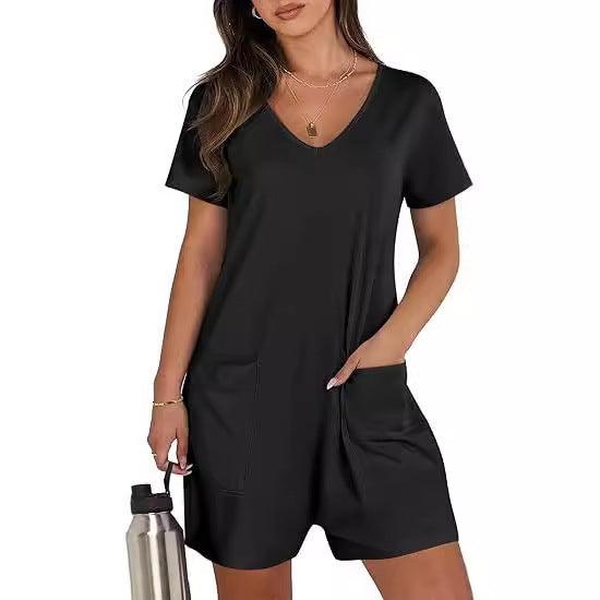 V-neck short-sleeve jumpsuit in black with side pockets and relaxed shorts cut