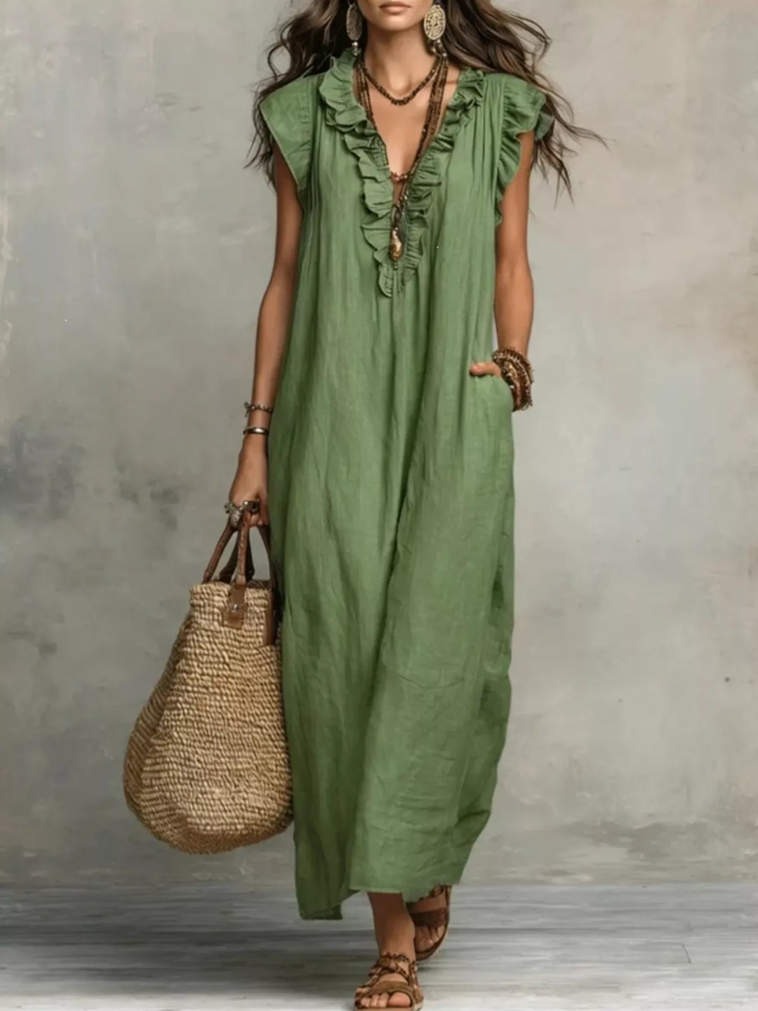 Women's Ruffled V-Neck Cap Sleeve Maxi Dress – Plus Size
