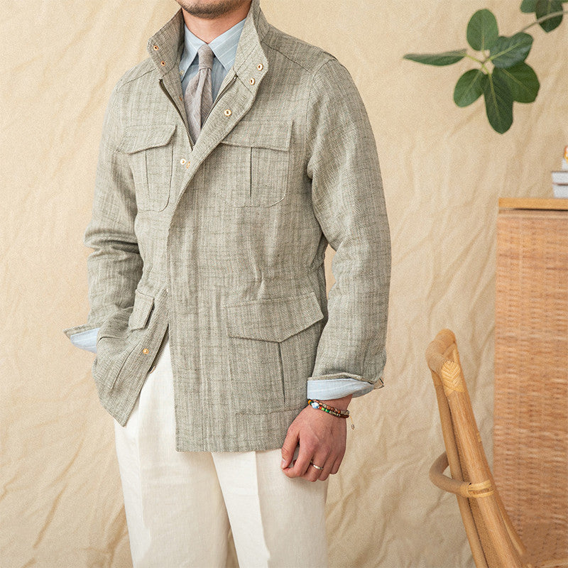 Gray cotton-linen safari jacket with stand-up collar, chest pockets, and button front