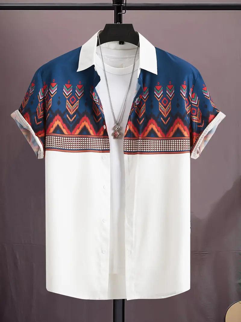 Short sleeve shirt, white with blue geometric yoke and patterned collar
