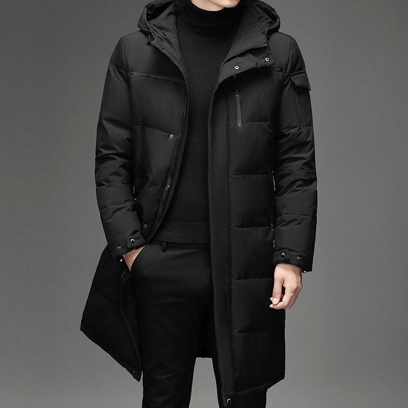 Black stand-up collar thermal puffer coat with hood, zip front, and side pockets.