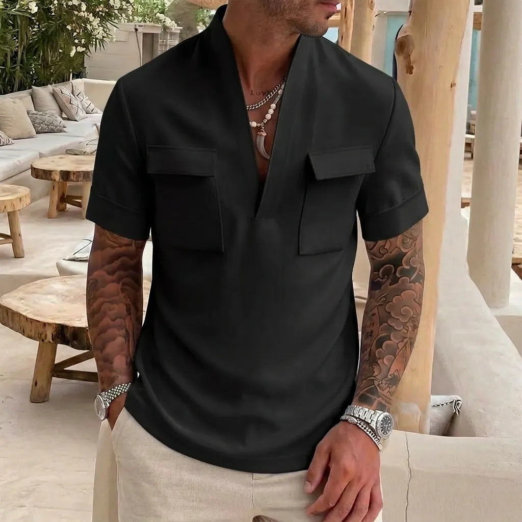 Men's black V-neck short-sleeve shirt with chest patch pockets