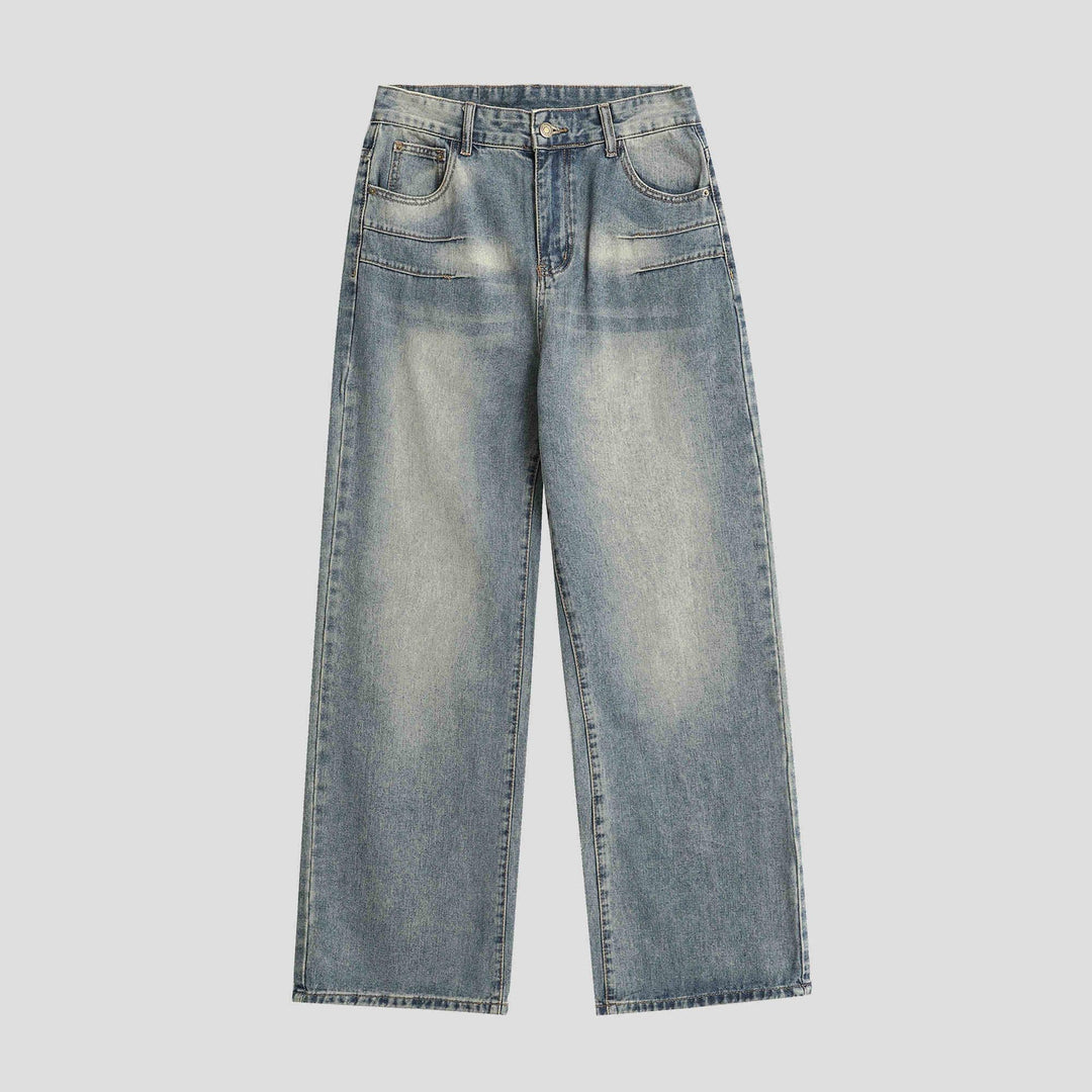 Washed blue loose-straight jeans with five-pocket styling and button-zip fly