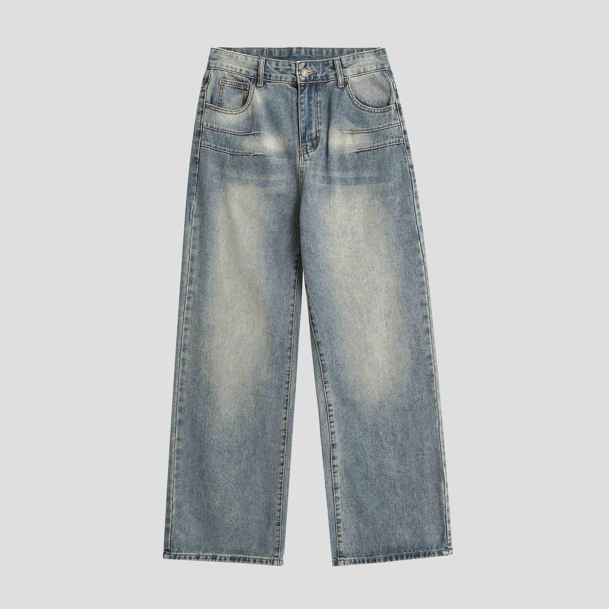 Washed blue straight-leg jeans with classic belt loops and button-zip front