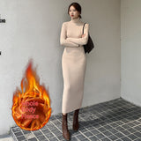 Fleece-lined Knitting Dress Turtleneck Slim Fit Long Dress - WOMONA.COM