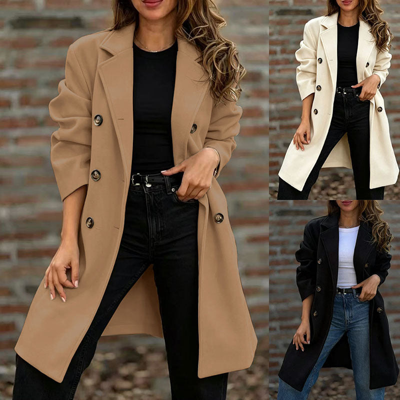 Women's notch-lapel double-breasted long coat