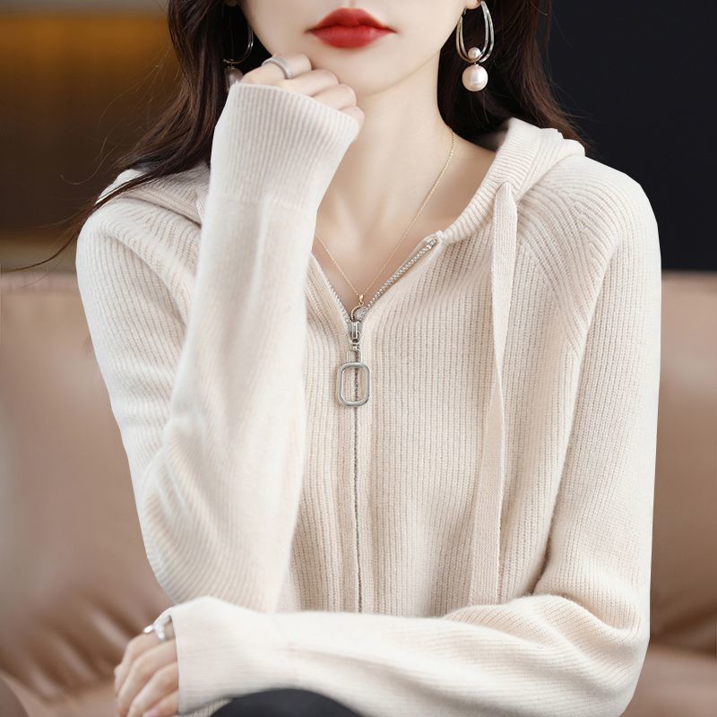 Women's One-Size Hooded Zip Cardigan, Beige - product view 7