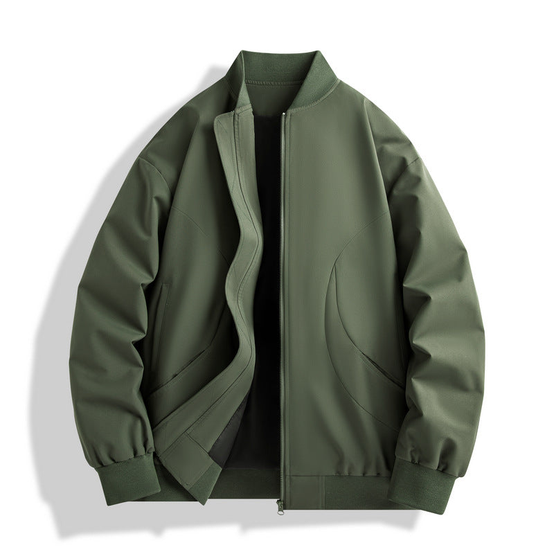 Loose zip cardigan jacket, stand collar, dark green with flap chest pockets