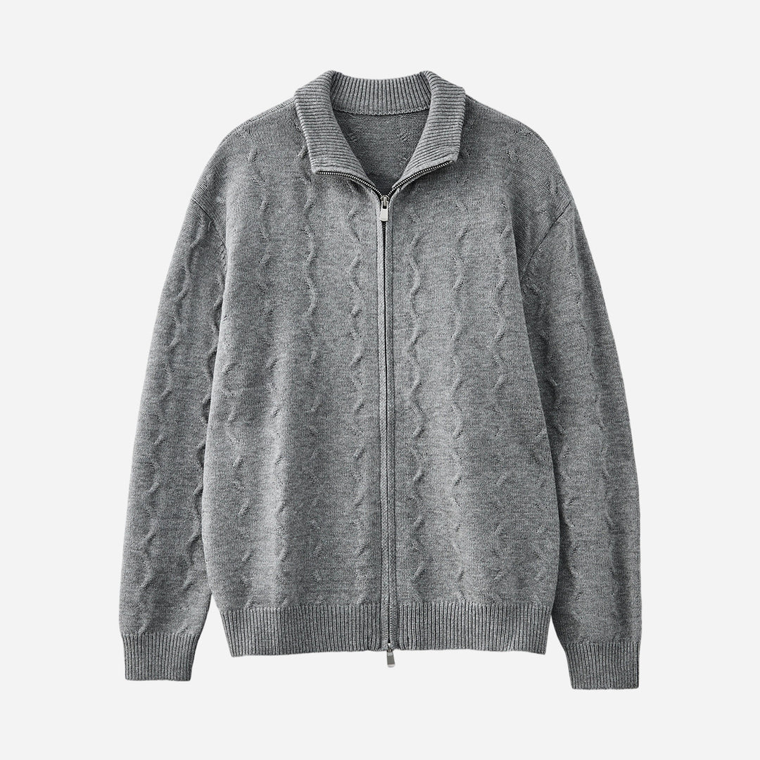 Men's gray zip-front knitted jacket with ribbed collar and textured cable knit