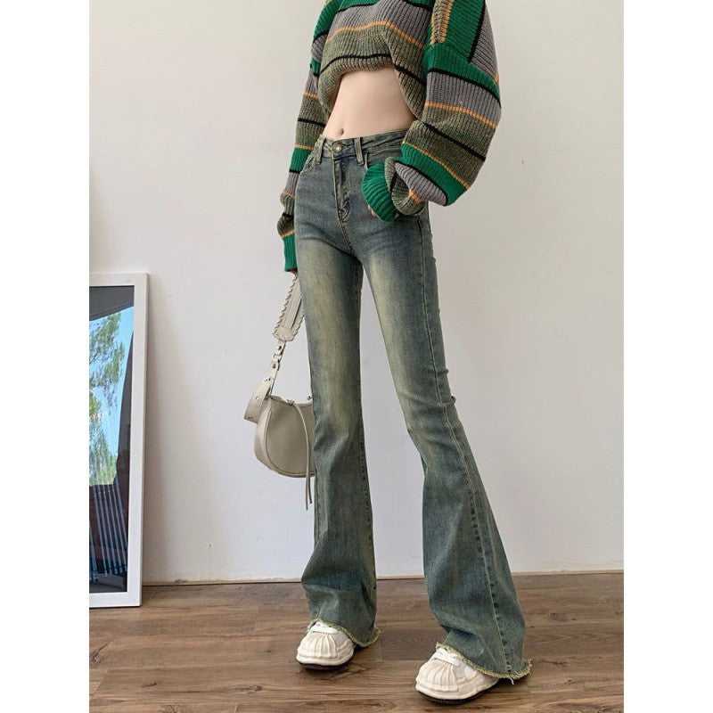 New Raw Hem High Waist Slightly Flared Retro Stretch Jeans - WOMONA.COM