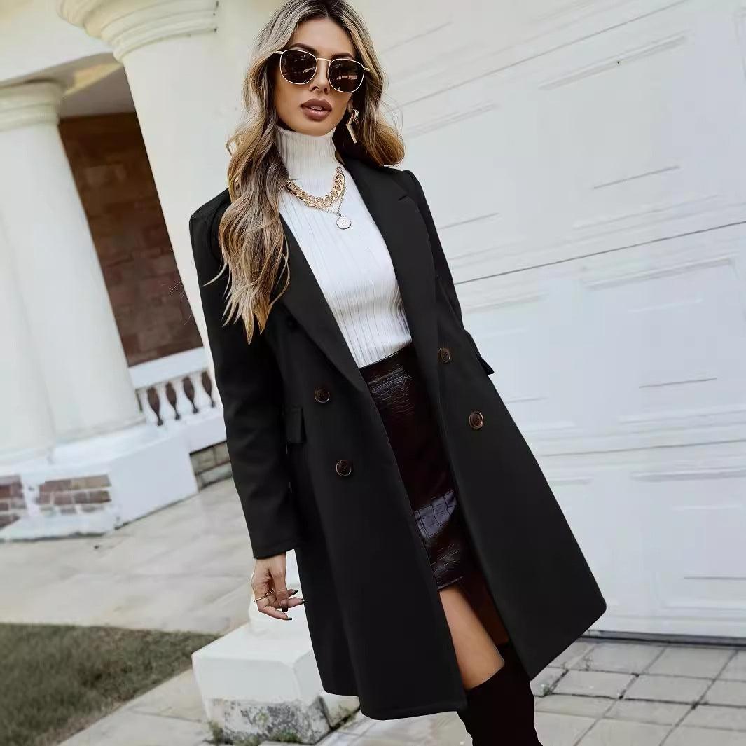 Women’s black double-breasted wool coat with notch lapels and front button closure