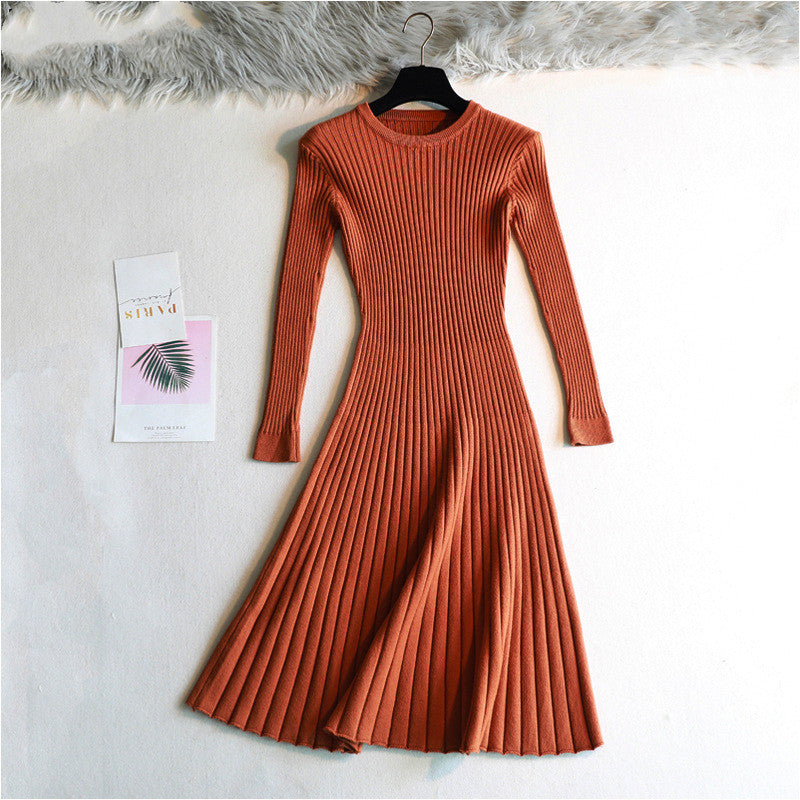 Round Neck Knitted Long Sleeve A- Line Dress Winter Warm Skirt - WOMONA.COM