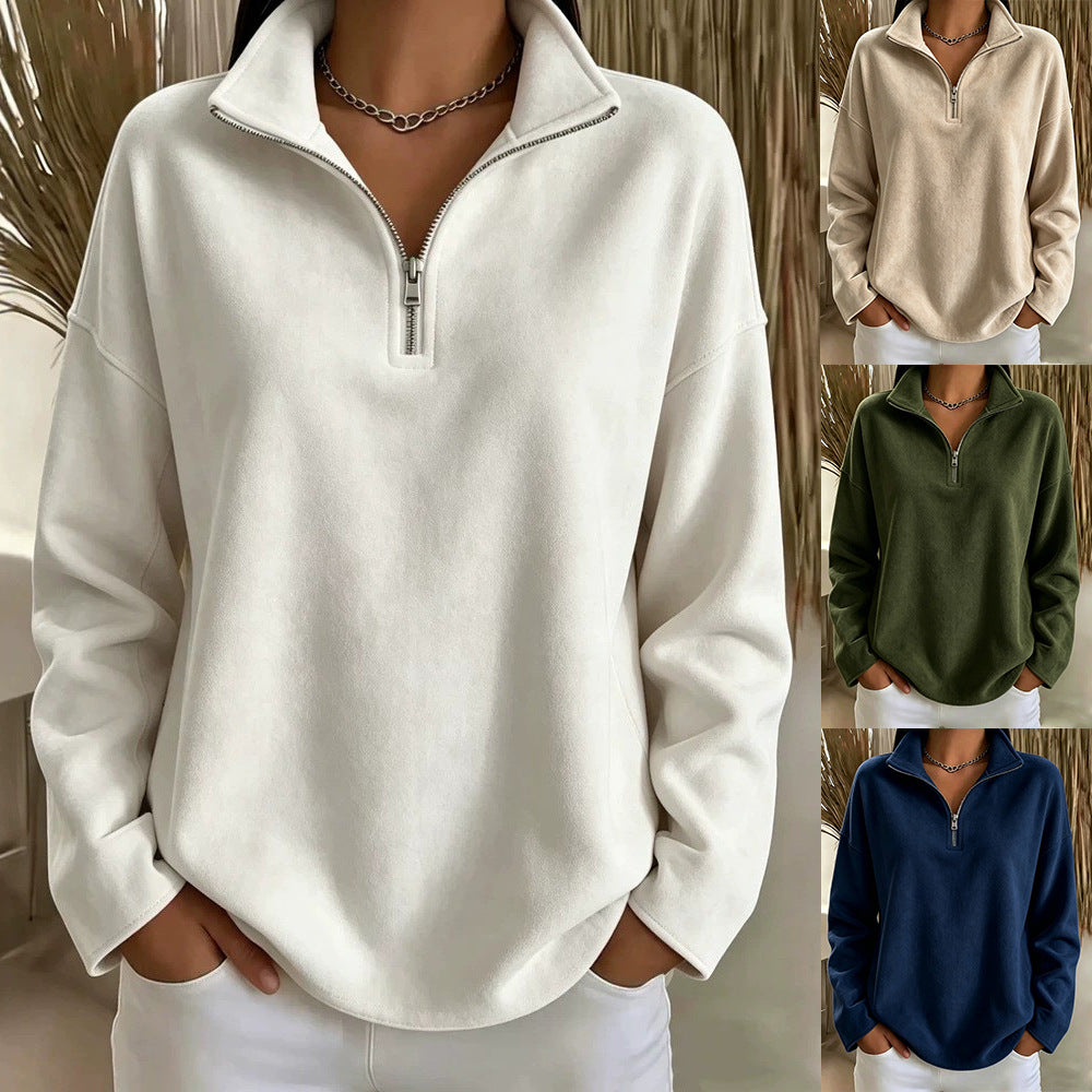 Women's Mock-Neck Zip-Up Faux Suede Fleece Pullover
