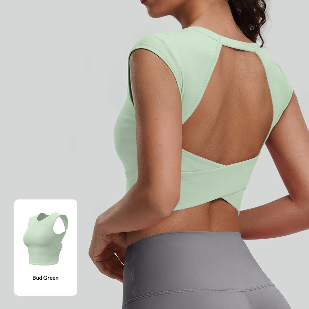 Budding green hollow-out knotted vest top with open crisscross back and detachable padded bra