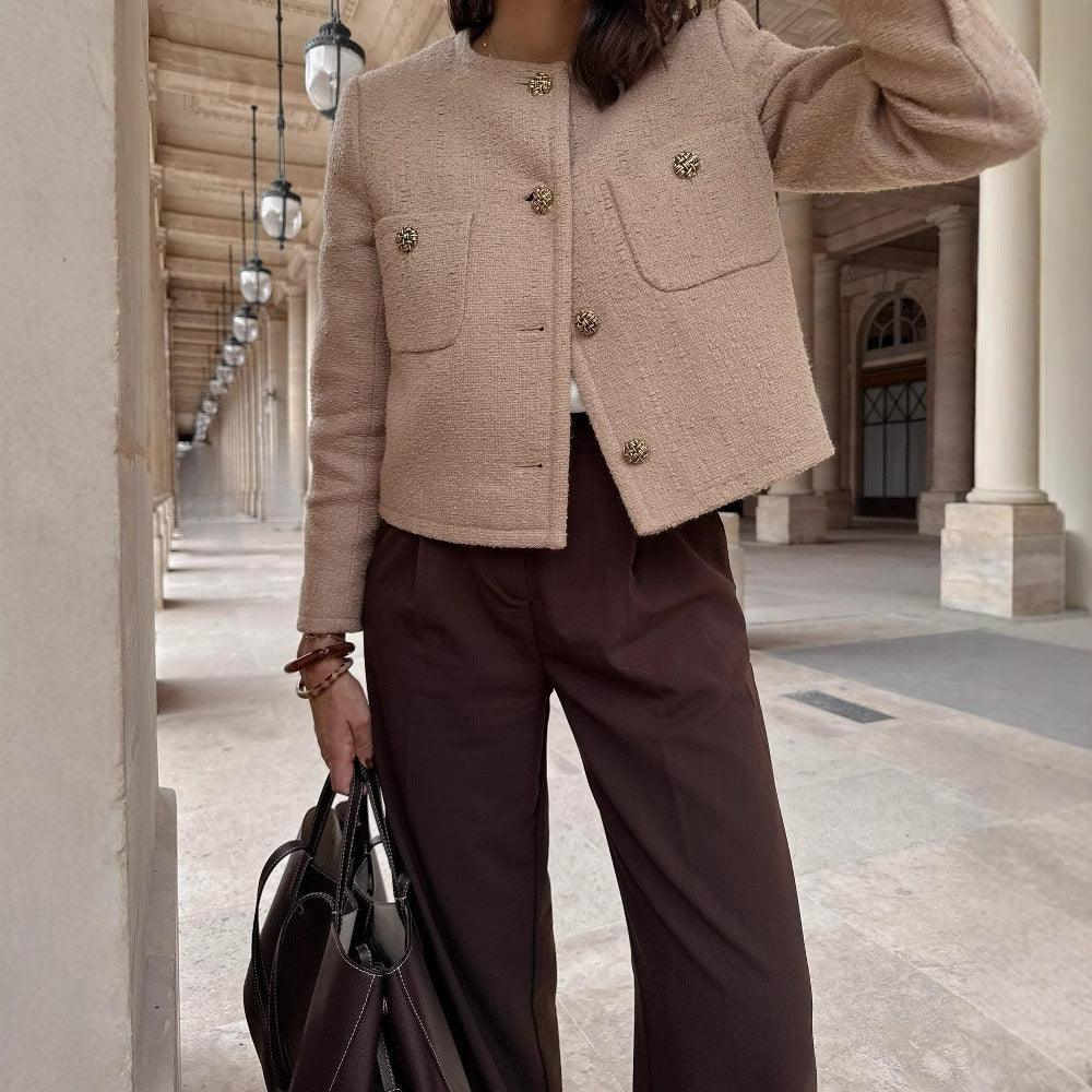 Khaki tweed cardigan coat with gold-tone buttons and two front pockets, long sleeves.