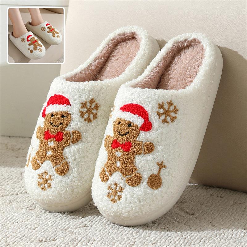 Cream gingerbread slippers with fuzzy lining and embroidered red-hat gingerbread with snowflakes