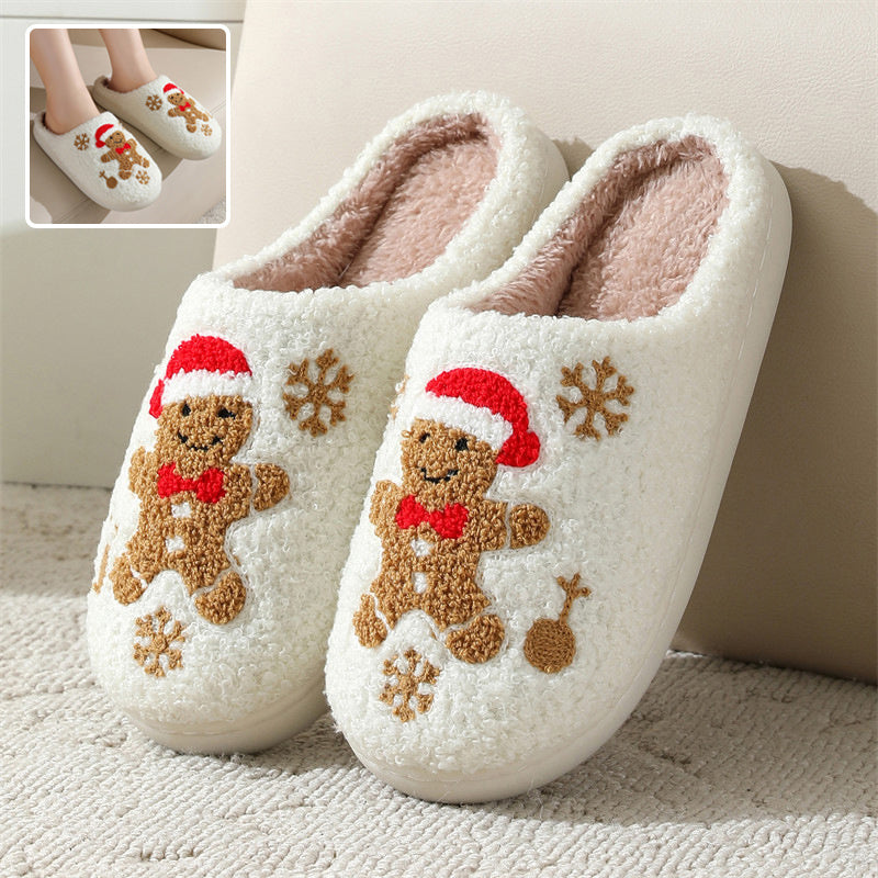 Pantuflas de jengibre con copos de nieve navideños para mujer, pantuflas de invierno antideslizantes para interiores, para dormitorio, pantuflas de casa peludas