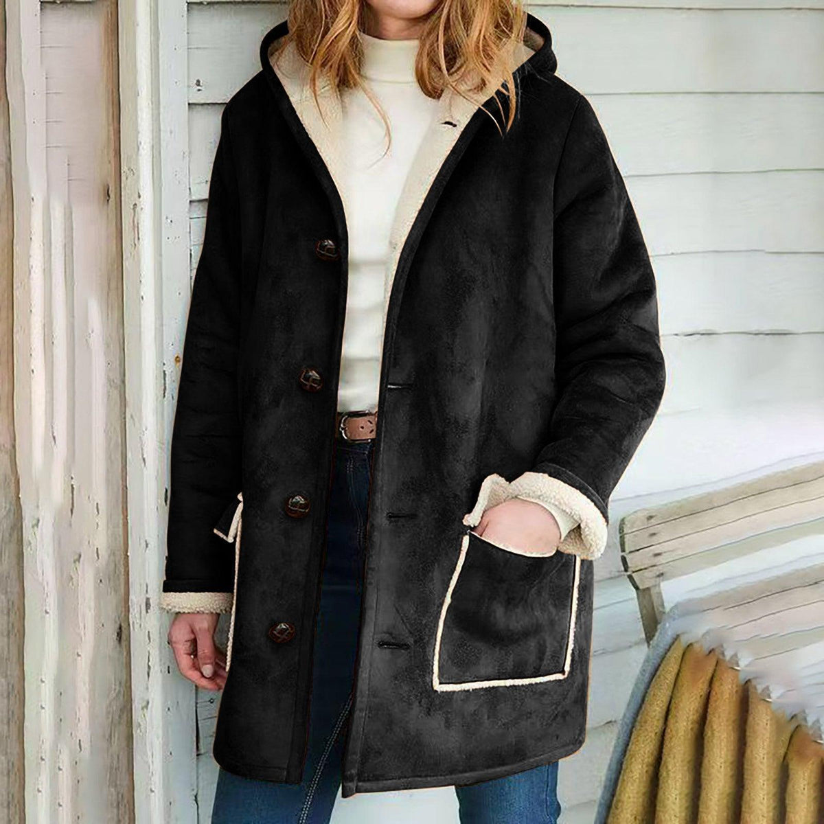 Black suede hooded coat with button front and sherpa-lined side pockets