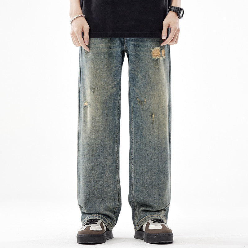 Men's American-style Retro Wide Leg Ripped Jeans - WOMONA.COM