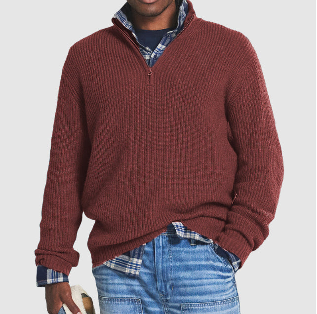 Men's Cotton Relaxed Quarter-Zip Sweater, Red - product view 1