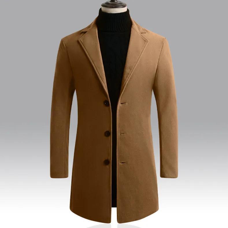 Men's wool trench coat in khaki, single-breasted with notched lapels and buttons