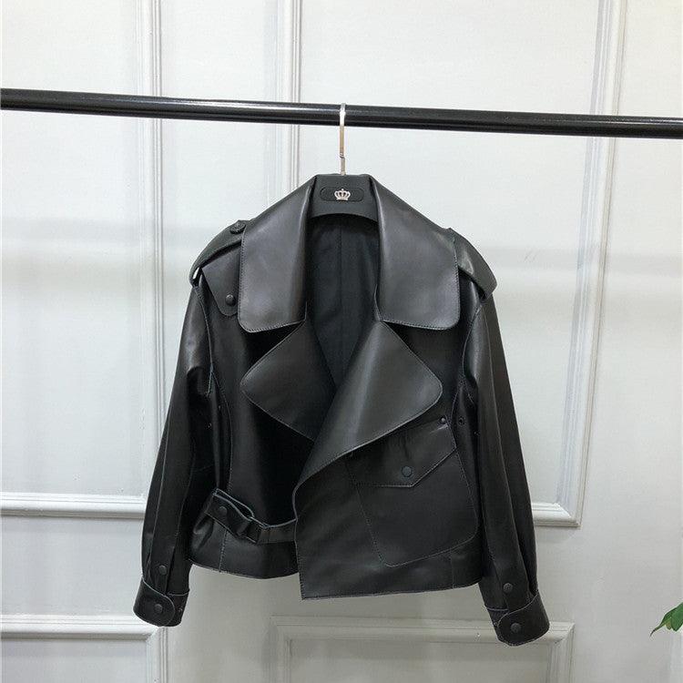 Women's Short Loose Small Leather Jacket - WOMONA.COM