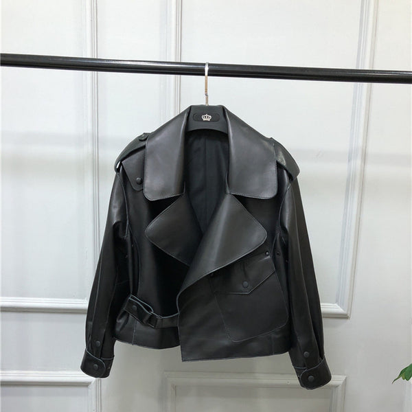 Women's Short Loose Small Leather Jacket - WOMONA.COM