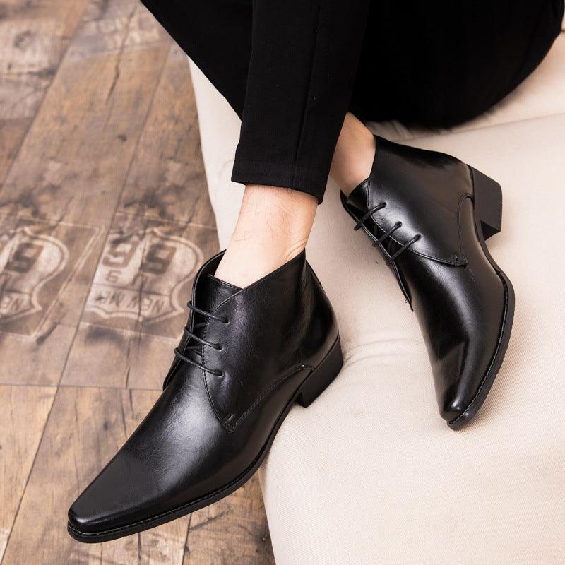 Men's black high-top leather lace-up shoes, pointed toe, low heel.