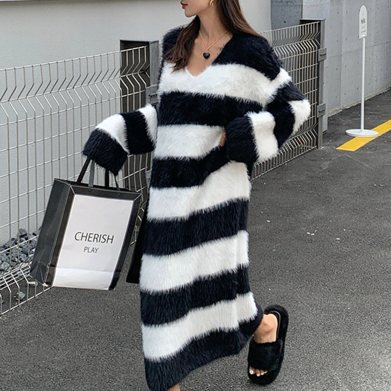 Women's Striped Long Knitted Dress - WOMONA.COM