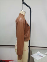 Casual Short Long-sleeved Solid Color Leather Jacket - WOMONA.COM