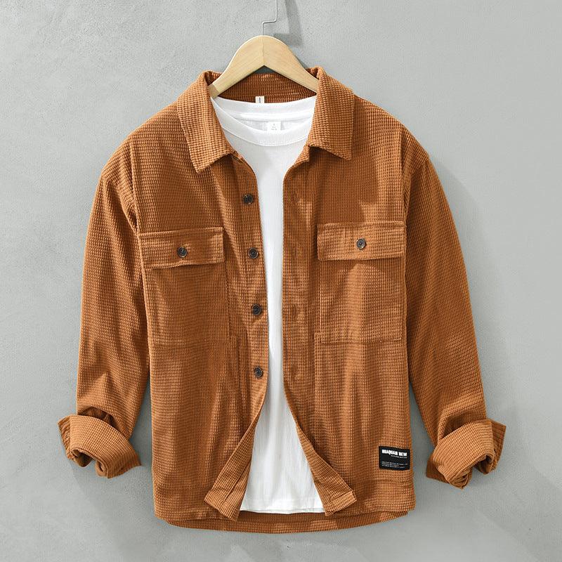 Waffle Long Sleeve Shirt Japanese Style Workwear Top - WOMONA.COM