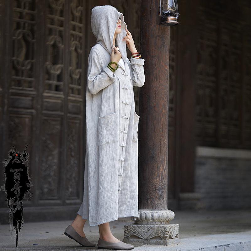 Hooded cloak robe overcoat in light gray, long sleeves and front toggle closures